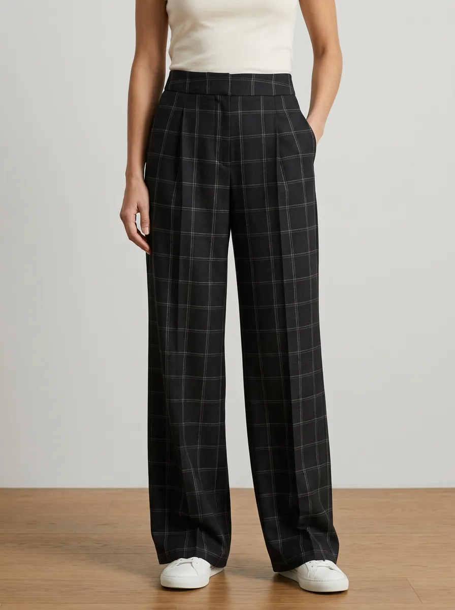 Minimal Wide-Leg Plaid Printed Women's Wide-Leg Pants