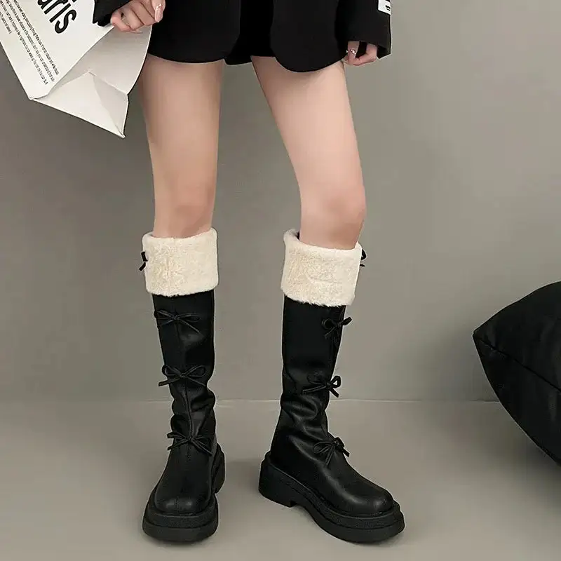 Plush-Lined Round-Toe Square-Heel Knee-High Boots