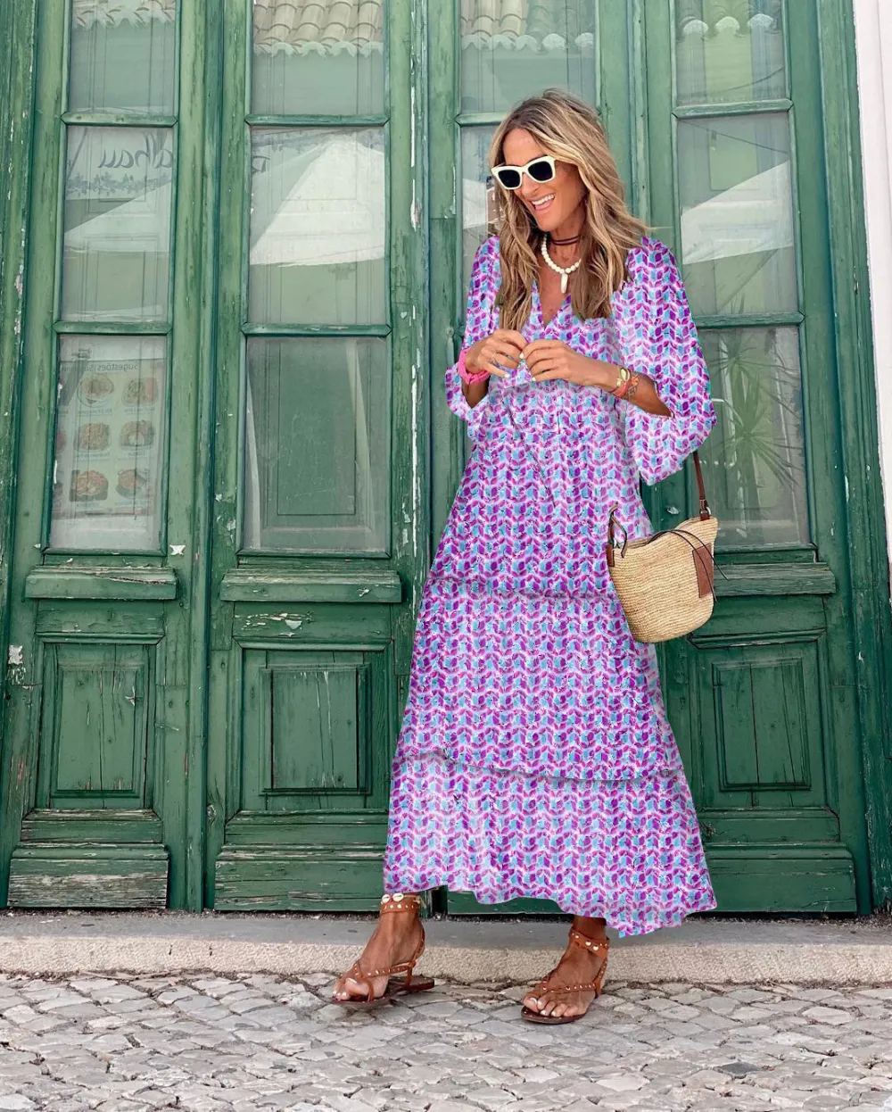 Bohemian Lantern Sleeve Long Dress Printed Large Swing Women's