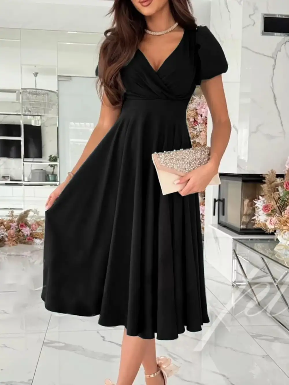 Surplice Puff Sleeve Belted Midi Dress