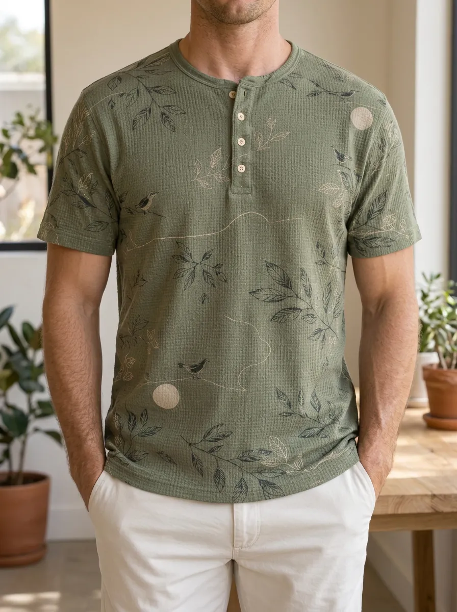 Men's Modern Nature Lover Botanical Bird Henley T-Shirt