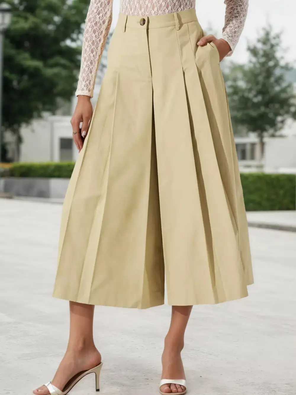 High Waist Pleated Wide Leg Cropped Pants