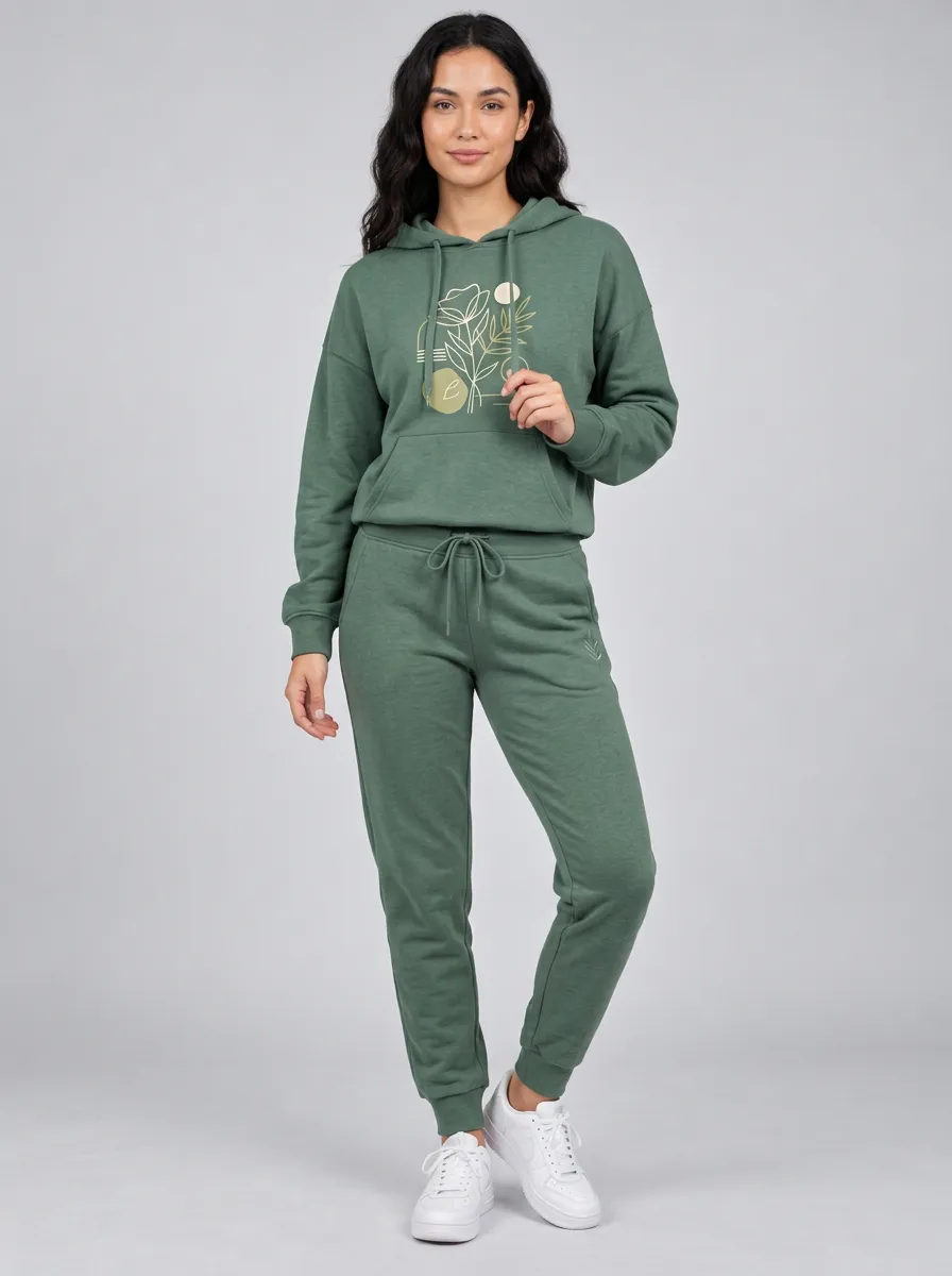 Women's Sage Green Kangaroo Pocket Drawstring Hood Solid Hoodie & Pants Set