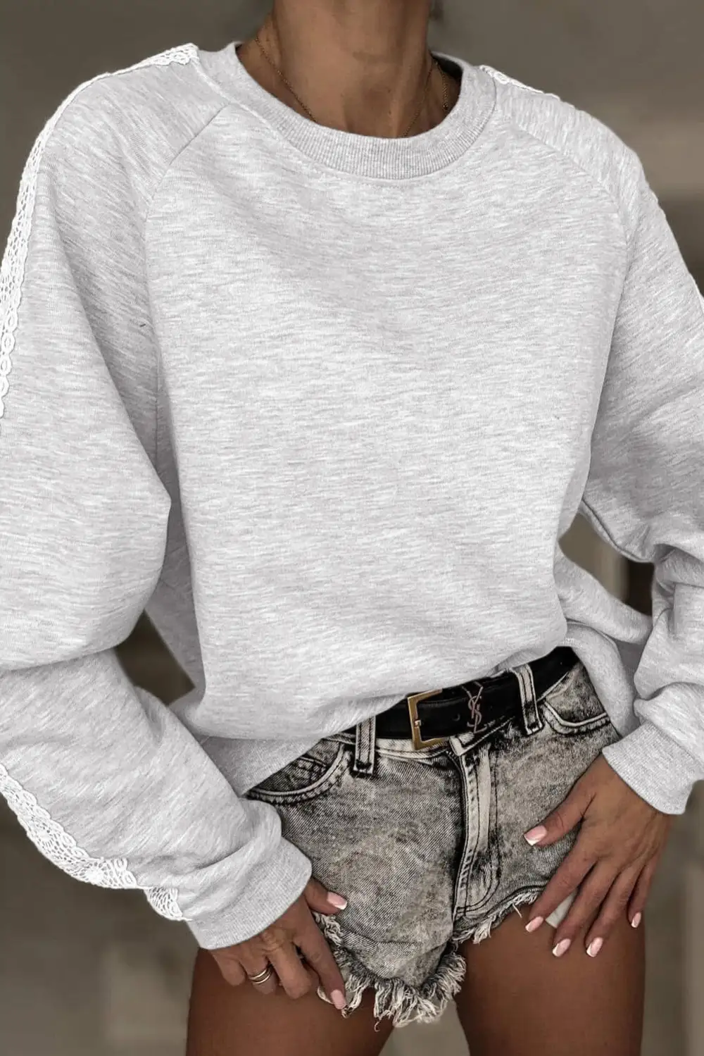 Patchwork Lace Detail Raglan Sleeve Crewneck Sweatshirt