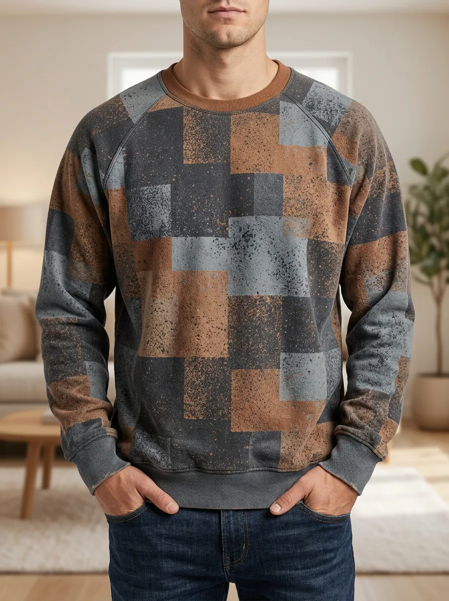 Men's Geometric Block Brown Grey Splatter Printed Fleece Sweatshirt