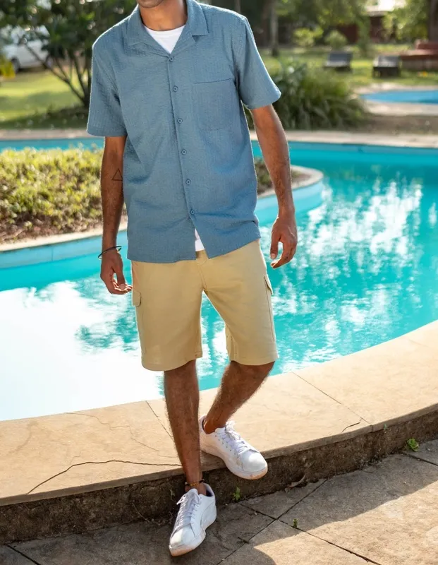 Blue Seersucker Notched Collar Shirt