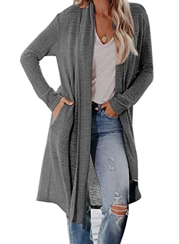 Womens Solid Casual Cozy Knit Open Front Long Cardigan Sweater