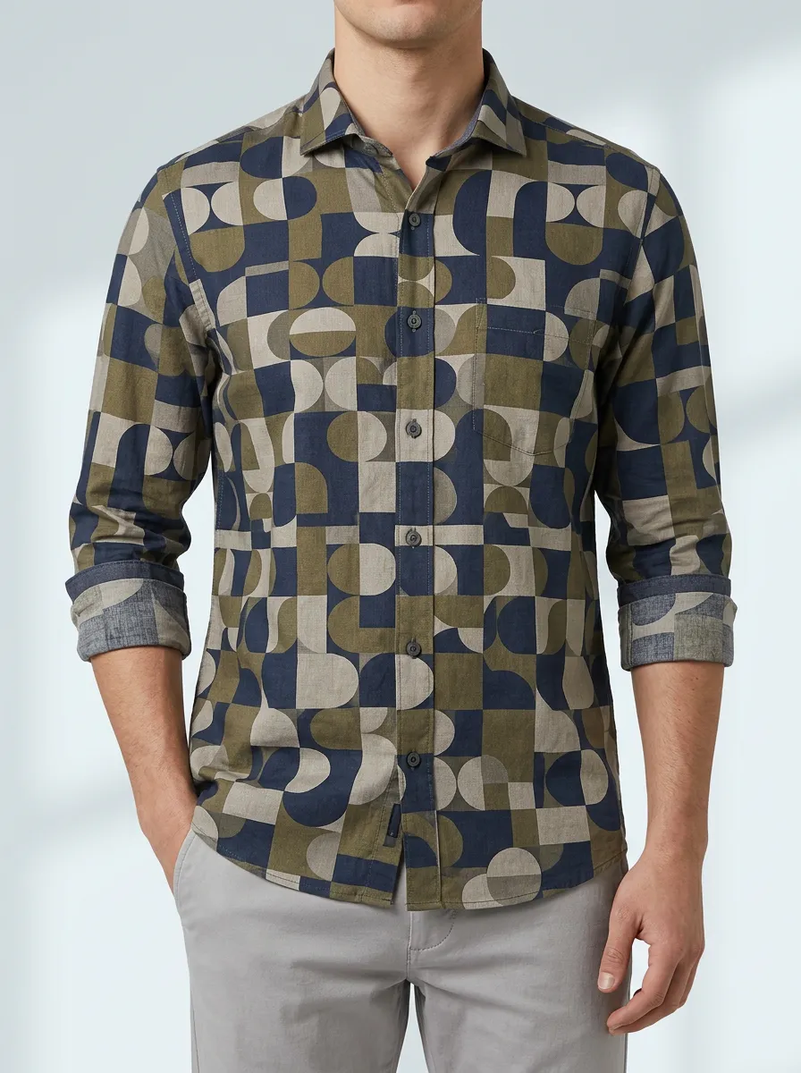 Men's Geometric Button Down Patterned Long Sleeve Shirt