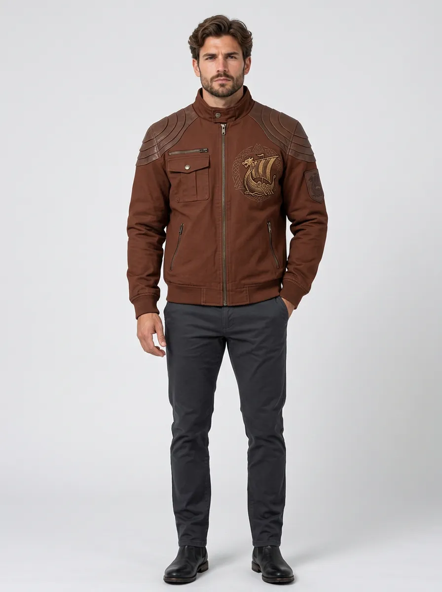 Men's Dragon Ship Embroidered Utility Bomber Jacket