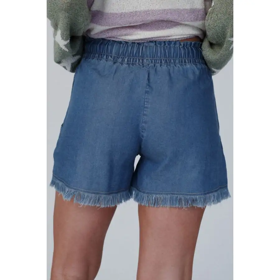 Raw Hem Drawstring High Waist Denim Shorts with Pockets