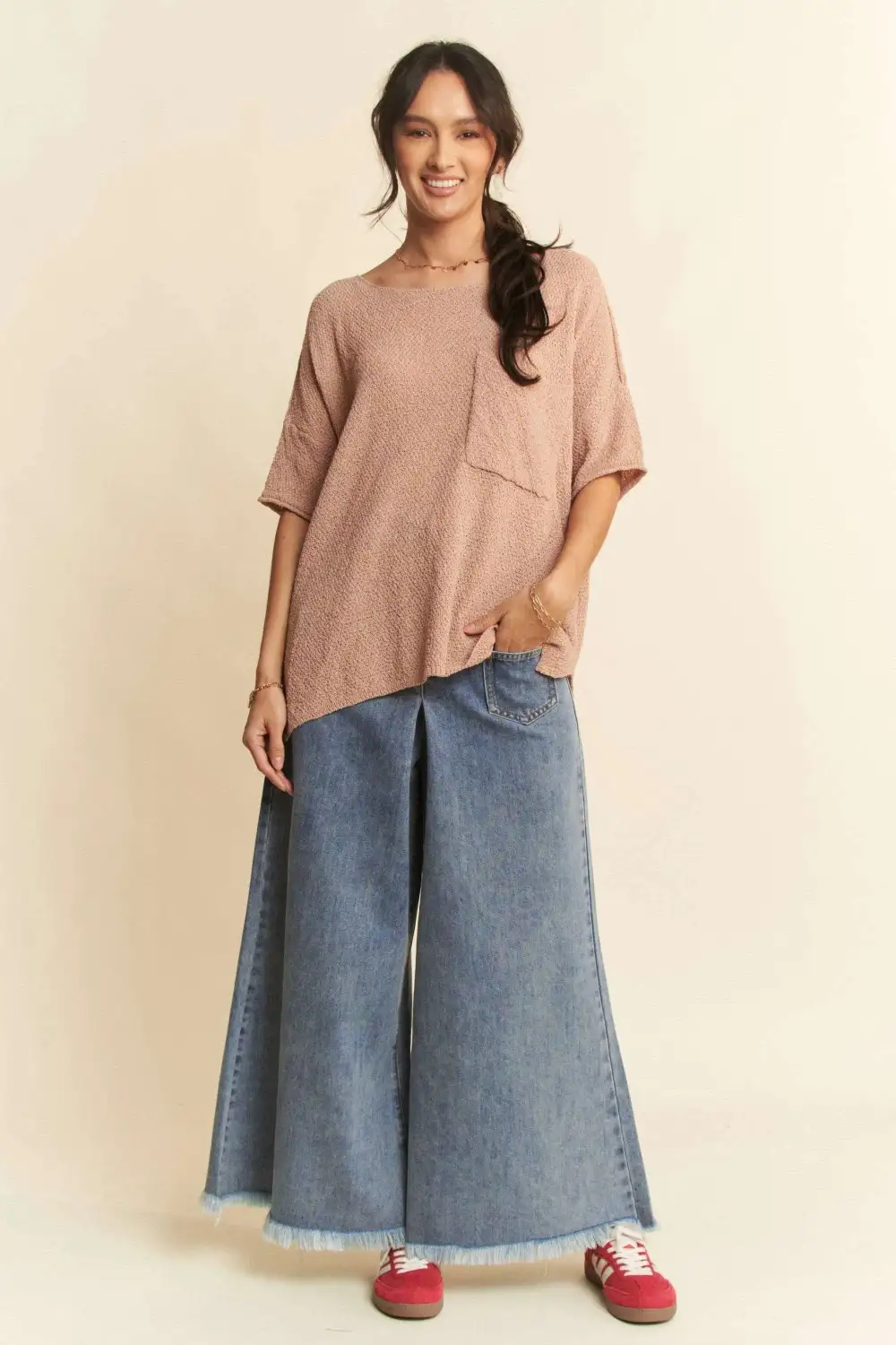 Patch Pocket Wide Leg Culotte Denim Jeans