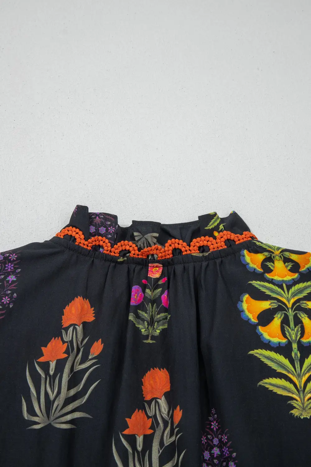 Black Floral Print Lace Trim Frilled V Neck Short Sleeve Shirt