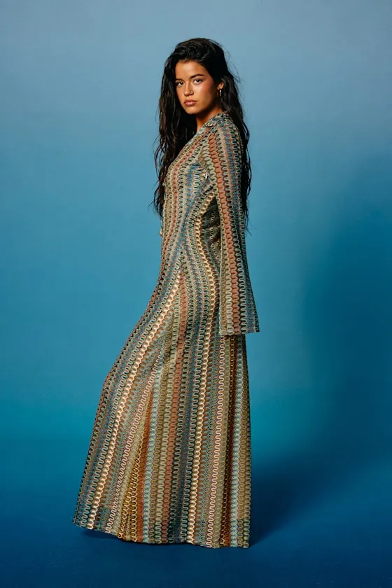 Vernazza Brown Multi Crochet Collared Long Sleeve Maxi Dress
