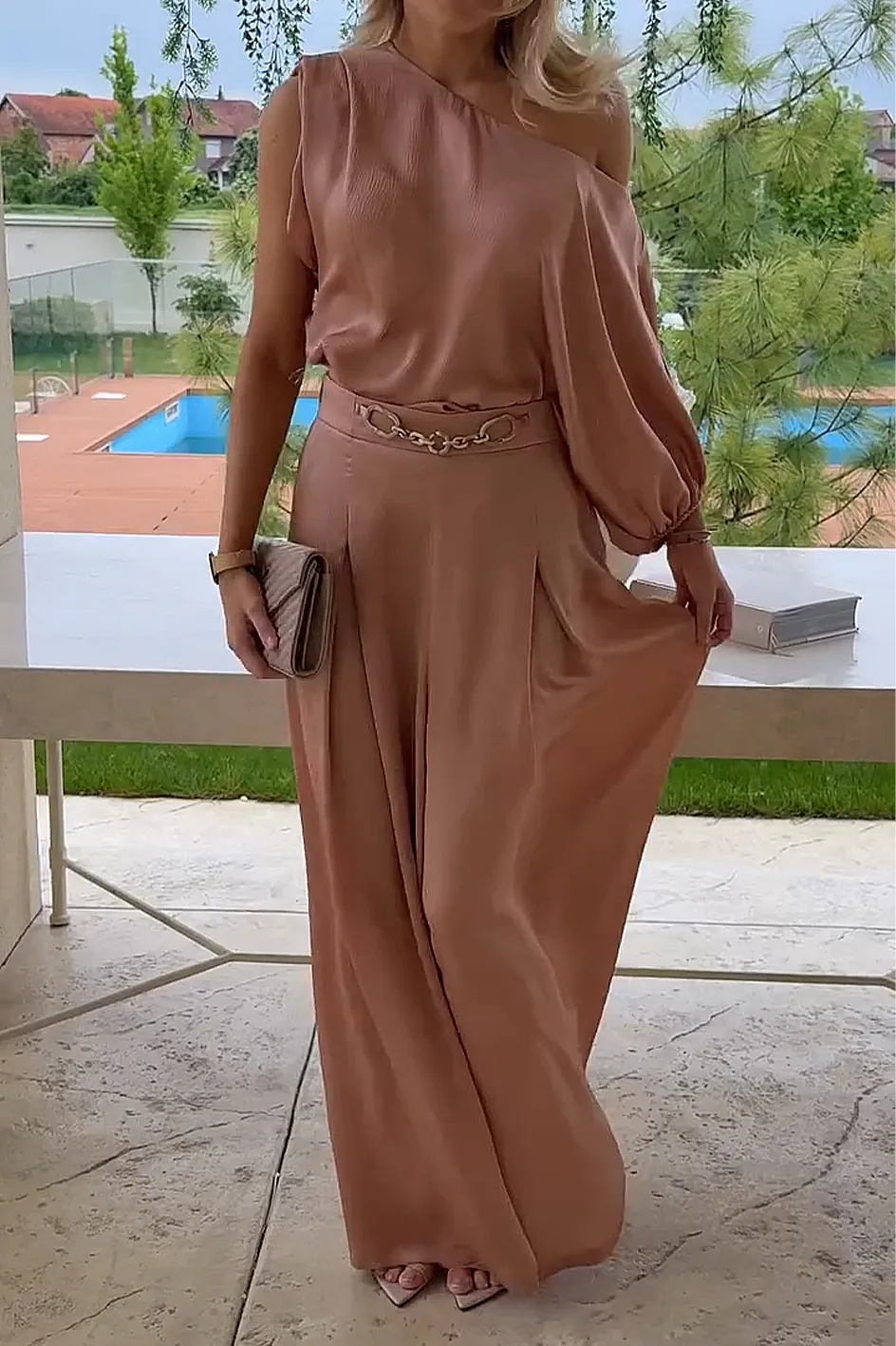 Women'S Casual One Shoulder Top & Wide Leg Pants Set