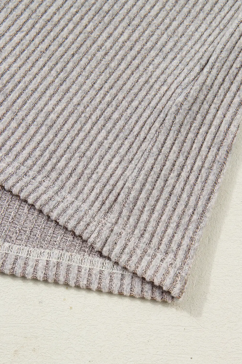 Simply Taupe Ribbed V Neck Contrast Ribbon Bow Back Drop Shoulder Long Sleeve Top