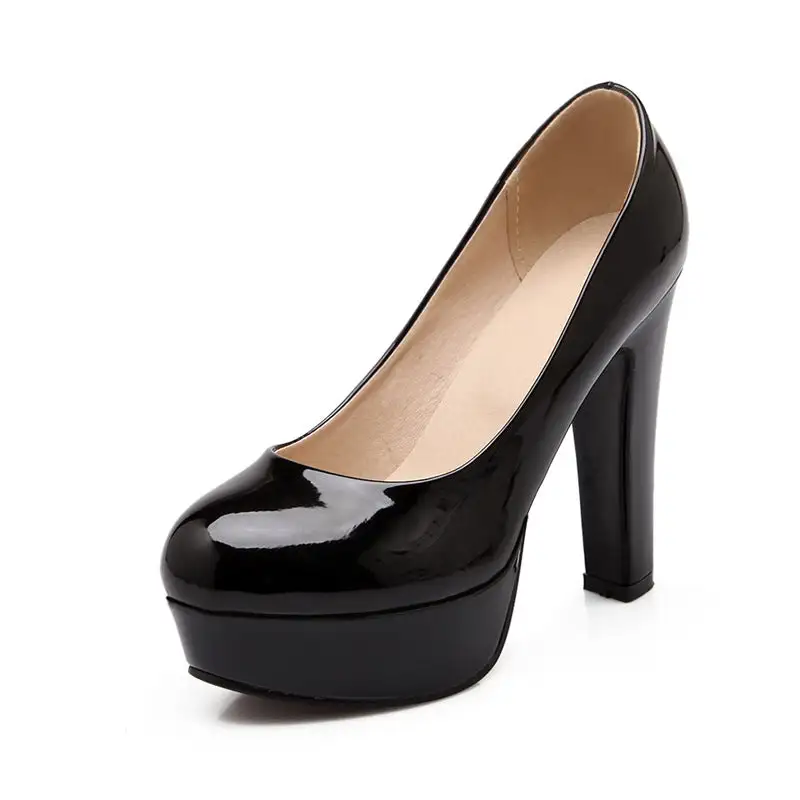 Polished Patent Finish Round Toe Platform Chunky Heel Pumps
