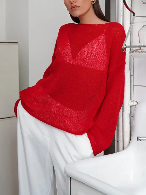 Sheer Detail Paneled Round Neck Long Sleeve Relaxed Fit Sweater