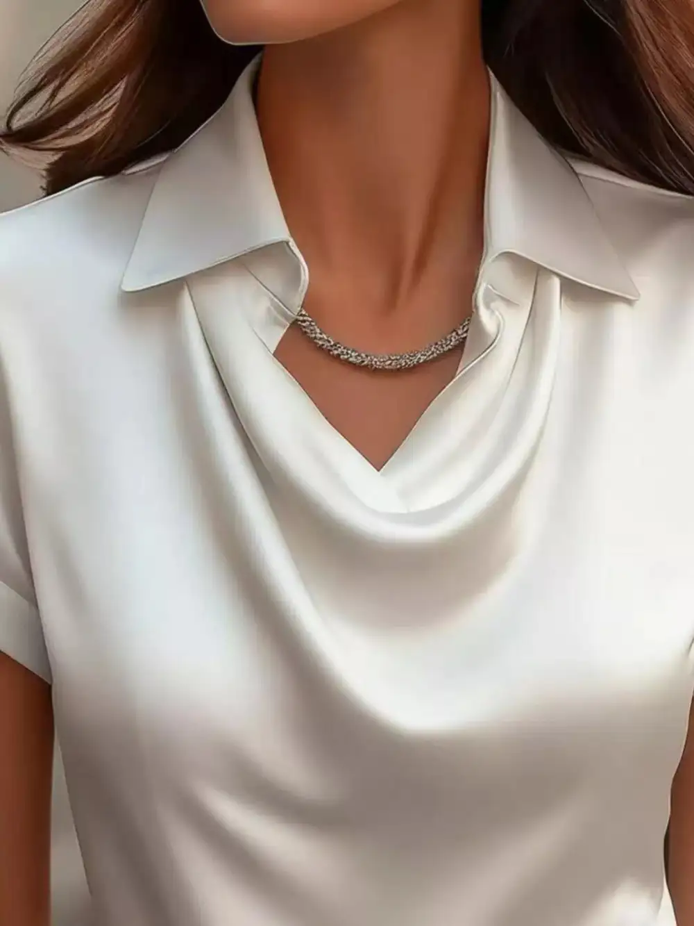 Cowl Neck Short Sleeve Satin Blouse Plus