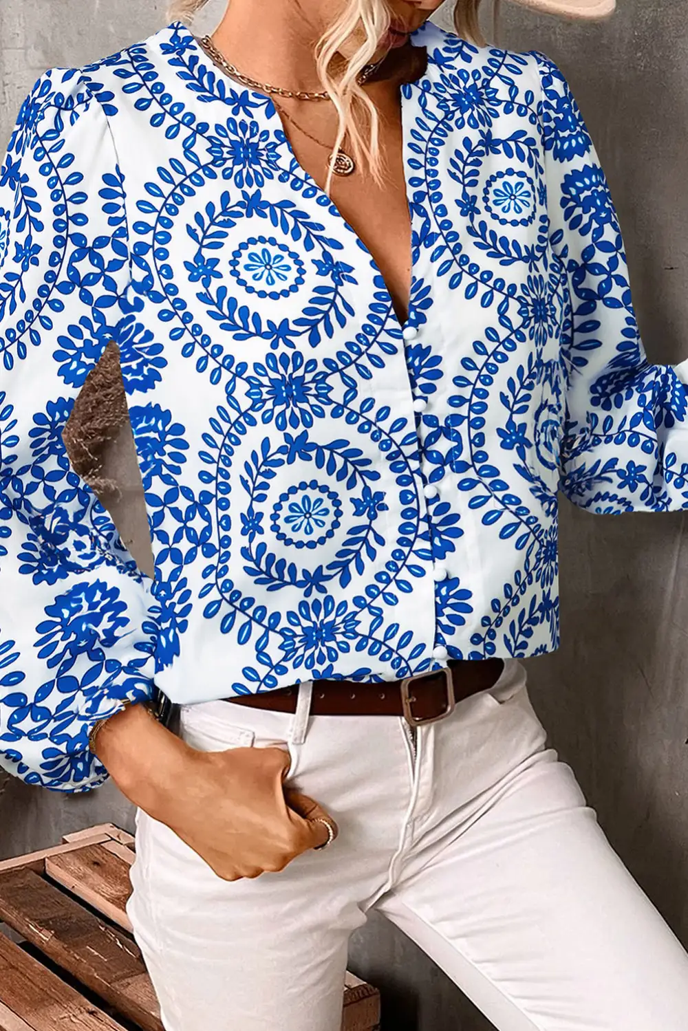 Floral Geometric Print V-Neck Shirt Blouse