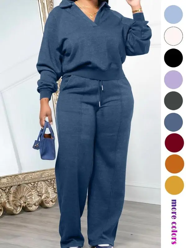 Women'S Solid Long Sleeve Sweatshirt & Drawstring Waist Pants Set