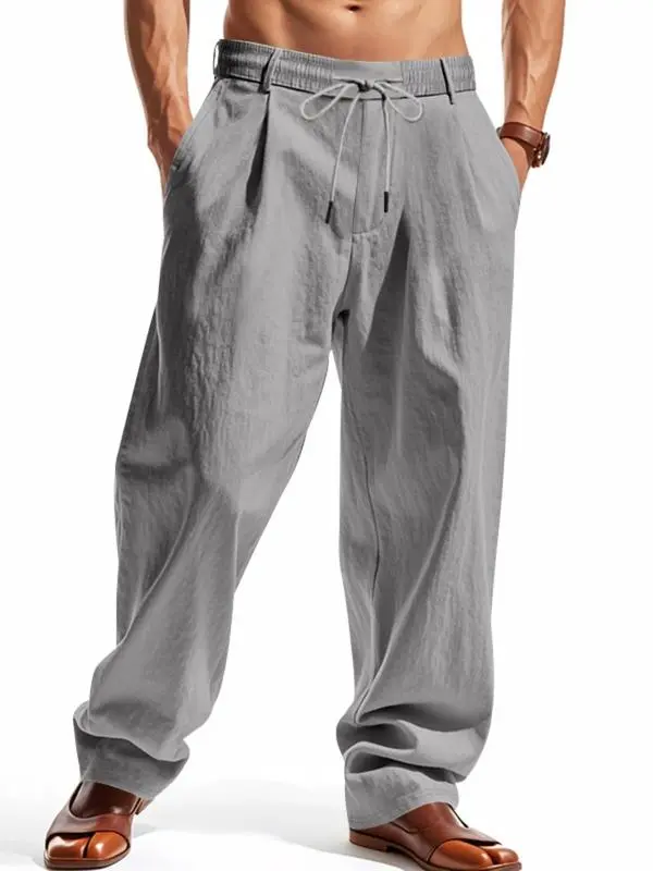 Men’s Solid Color Linen Pants – Casual Wide-Leg Regular Fit Trousers for Spring & Fall