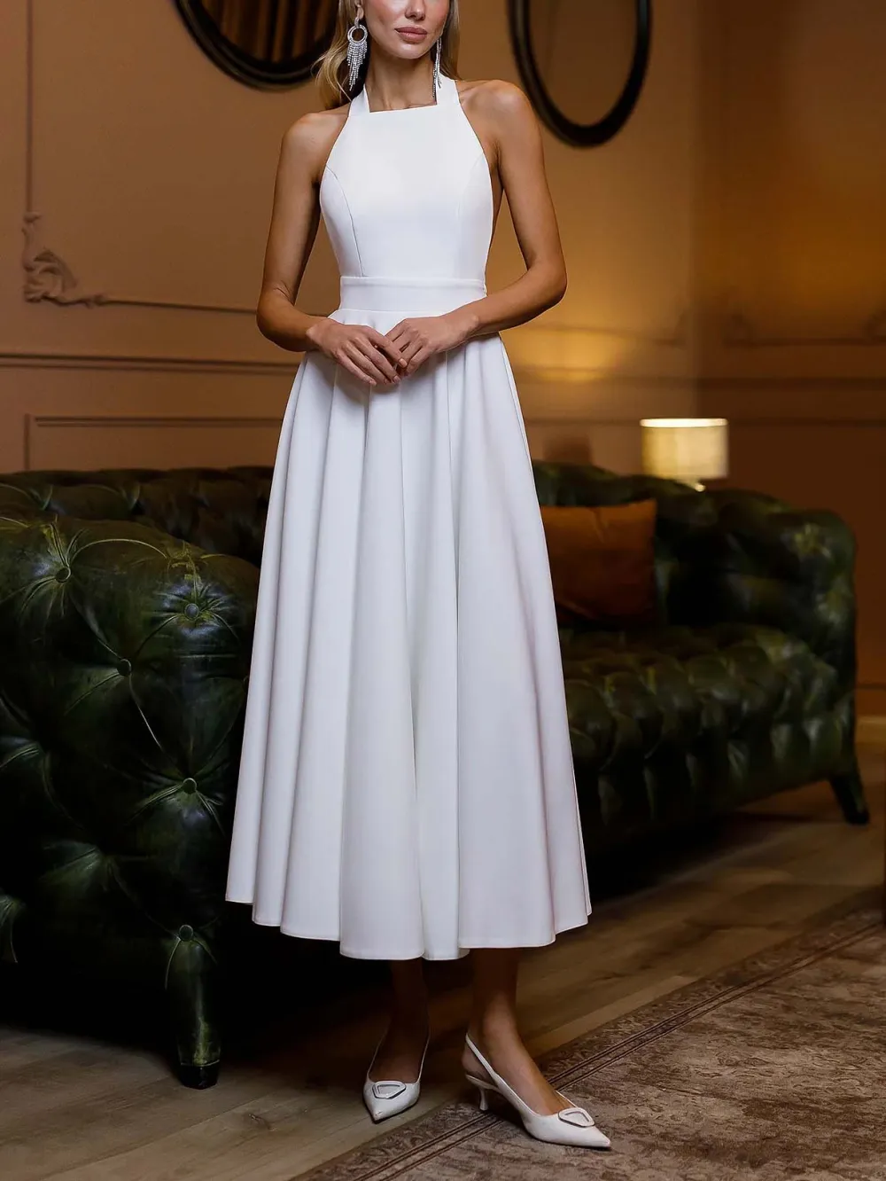 Elegant Halter Neck Flared Midi Dress