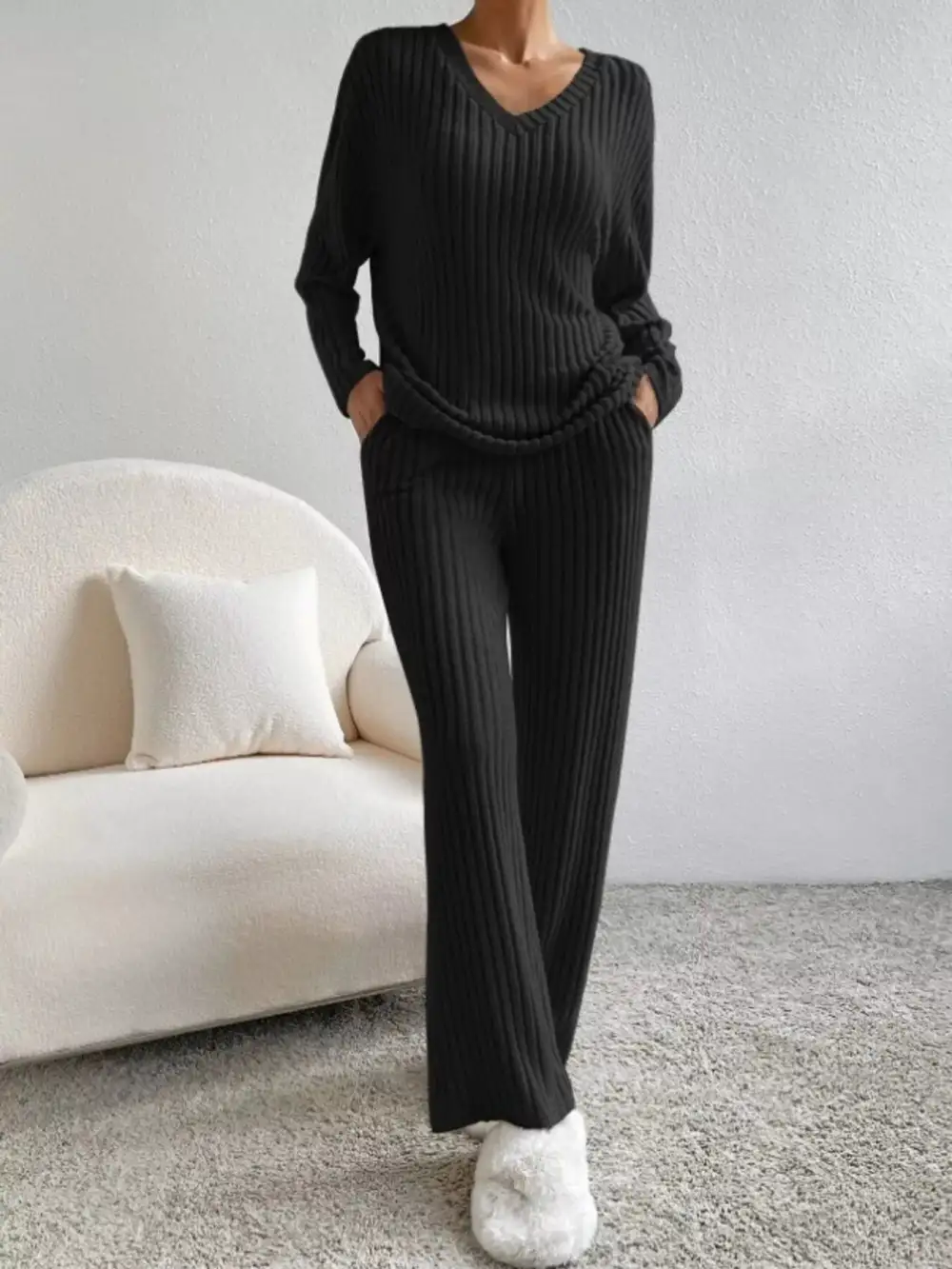 Classic Ribbed Knit V Neck Top and Pants Set