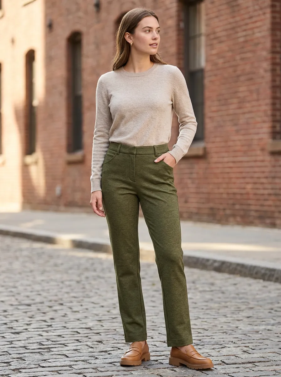Women's Casual Olive Green Solid Color Slim Fit Trousers