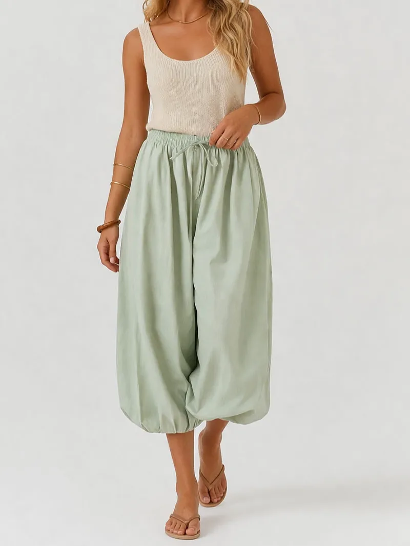 Solid Color Elastic Waist Drawstring Lantern Pants