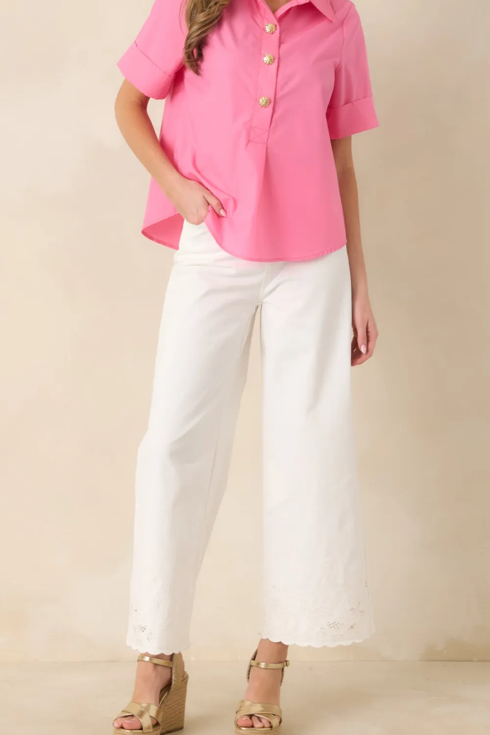 Embroidered Lace Trim Cotton Pants