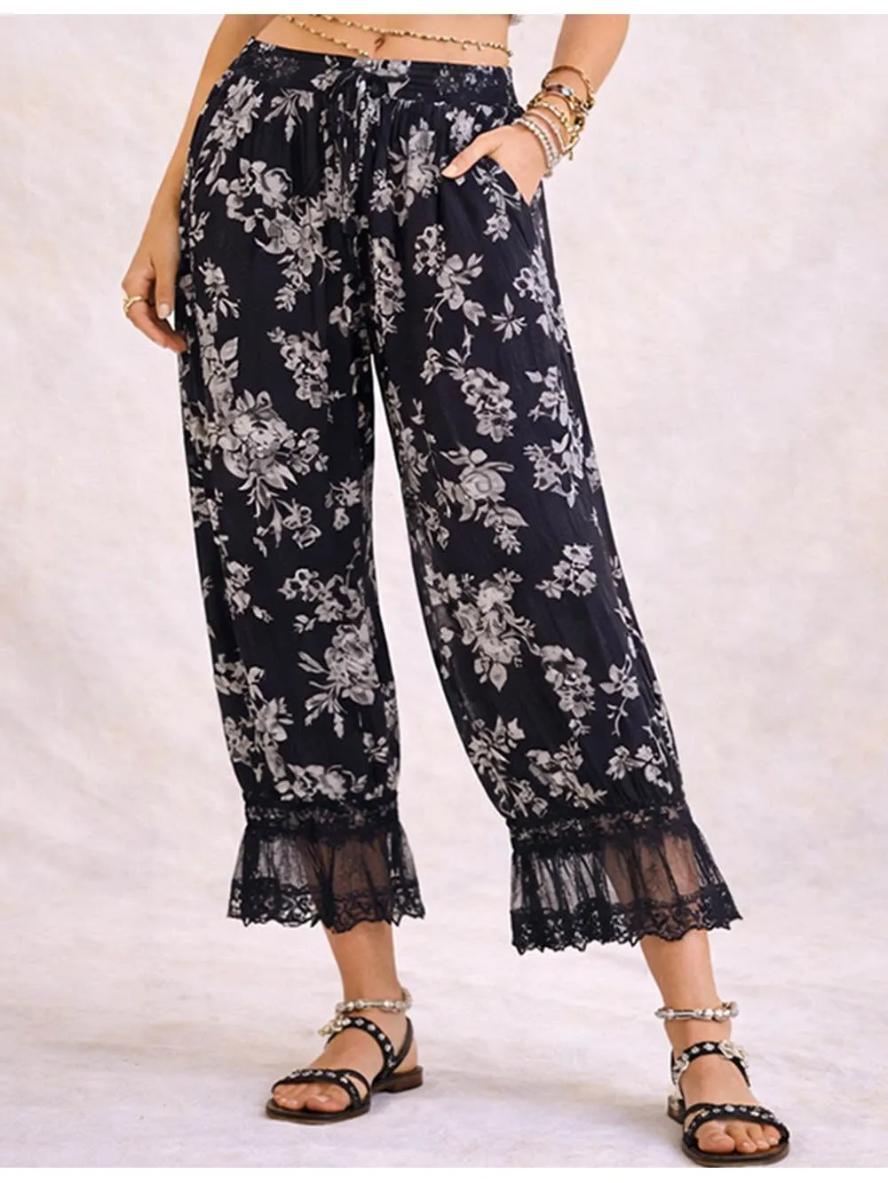 Lace Hem Flocked Elastic Waist Lantern Pants