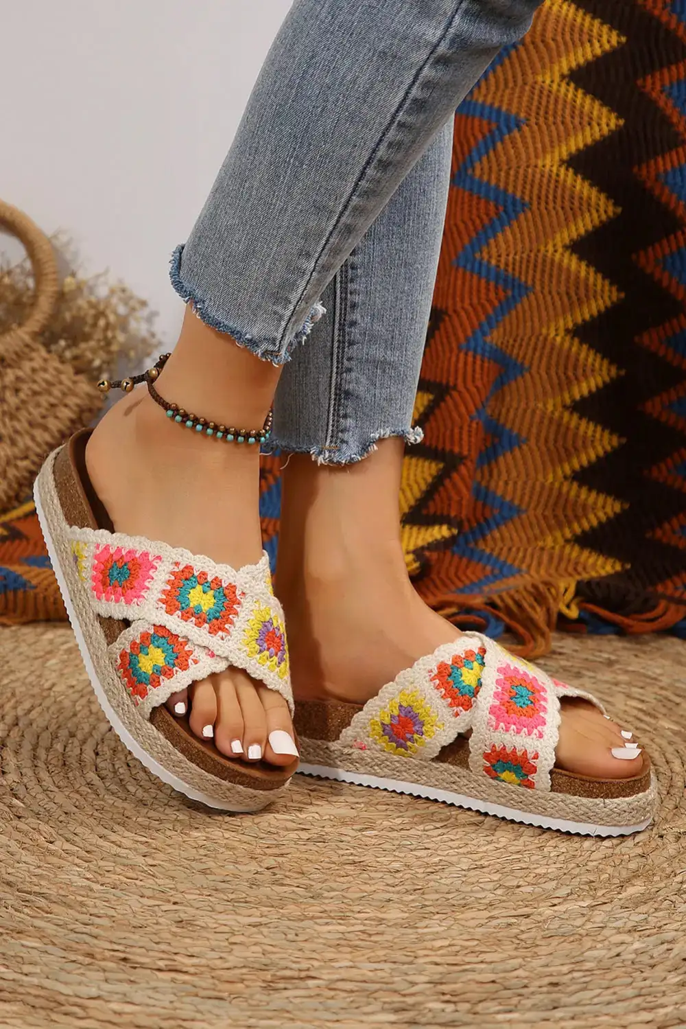Geometric Woven Platform Slide Sandals