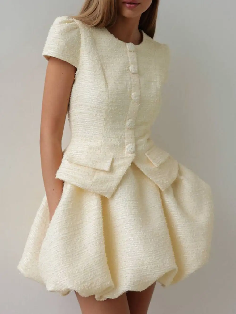 Natural Button Front Short Sleeve Coordinated Sets