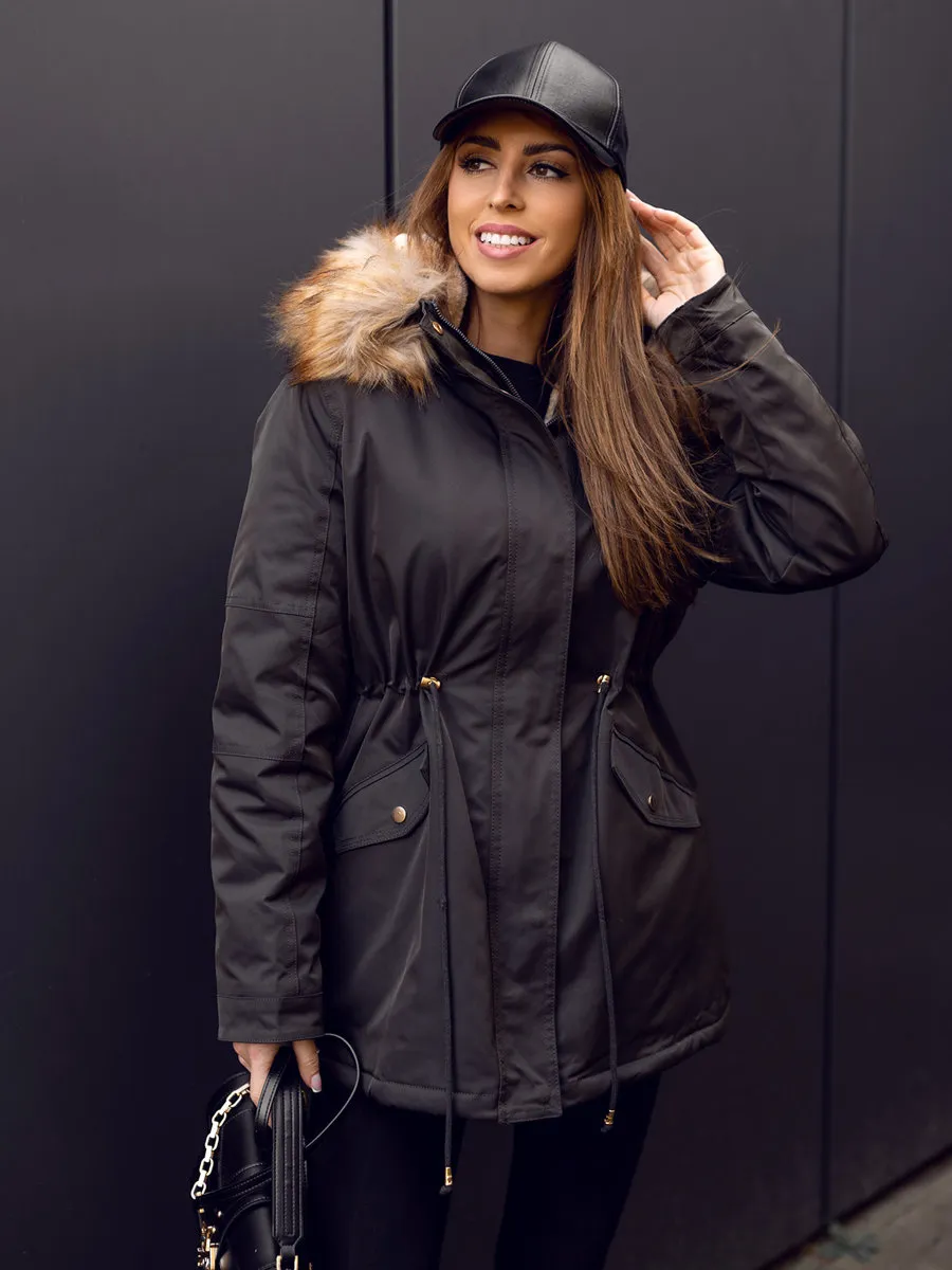 Khaki women's winter parka jacket with hood