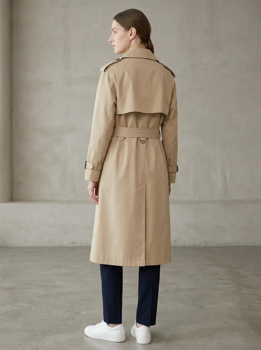 Women's Classic Khaki Double-Breasted Belted Long Trench Coat