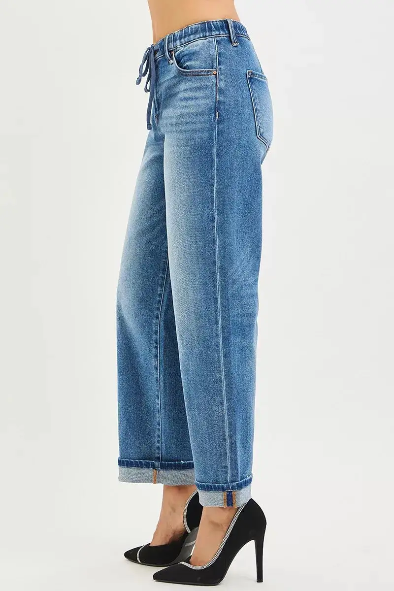 Elastic Waist Cuffed Denim Jeans