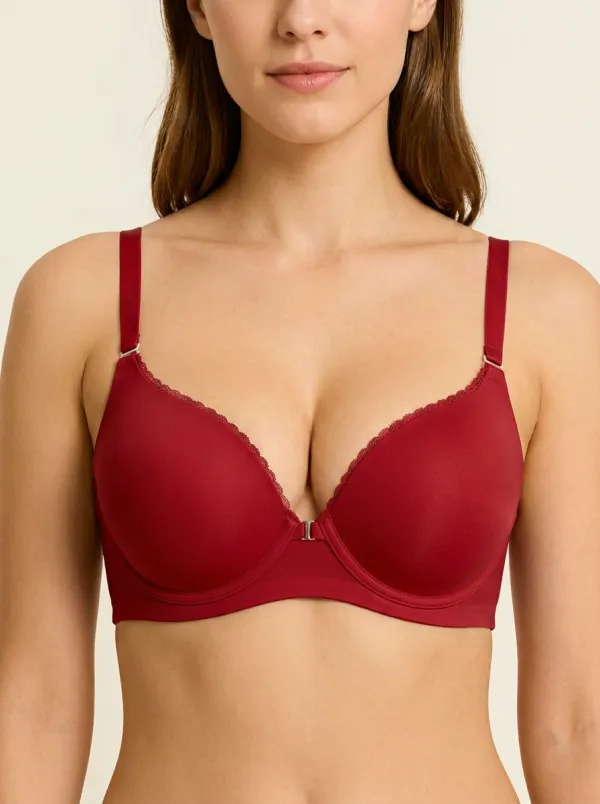 Women's Pink Solid Color Lace Trim Front Closure Bra Top