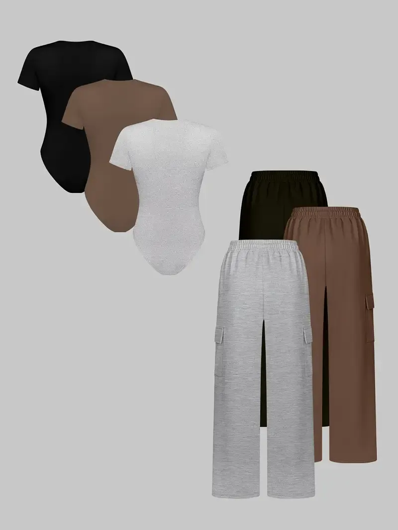 (3-SETS)Women'S Casual  Print Short Sleeve Round Neck TightJumpsuit And Waist Tie Wide Leg Pants With Pockets Set