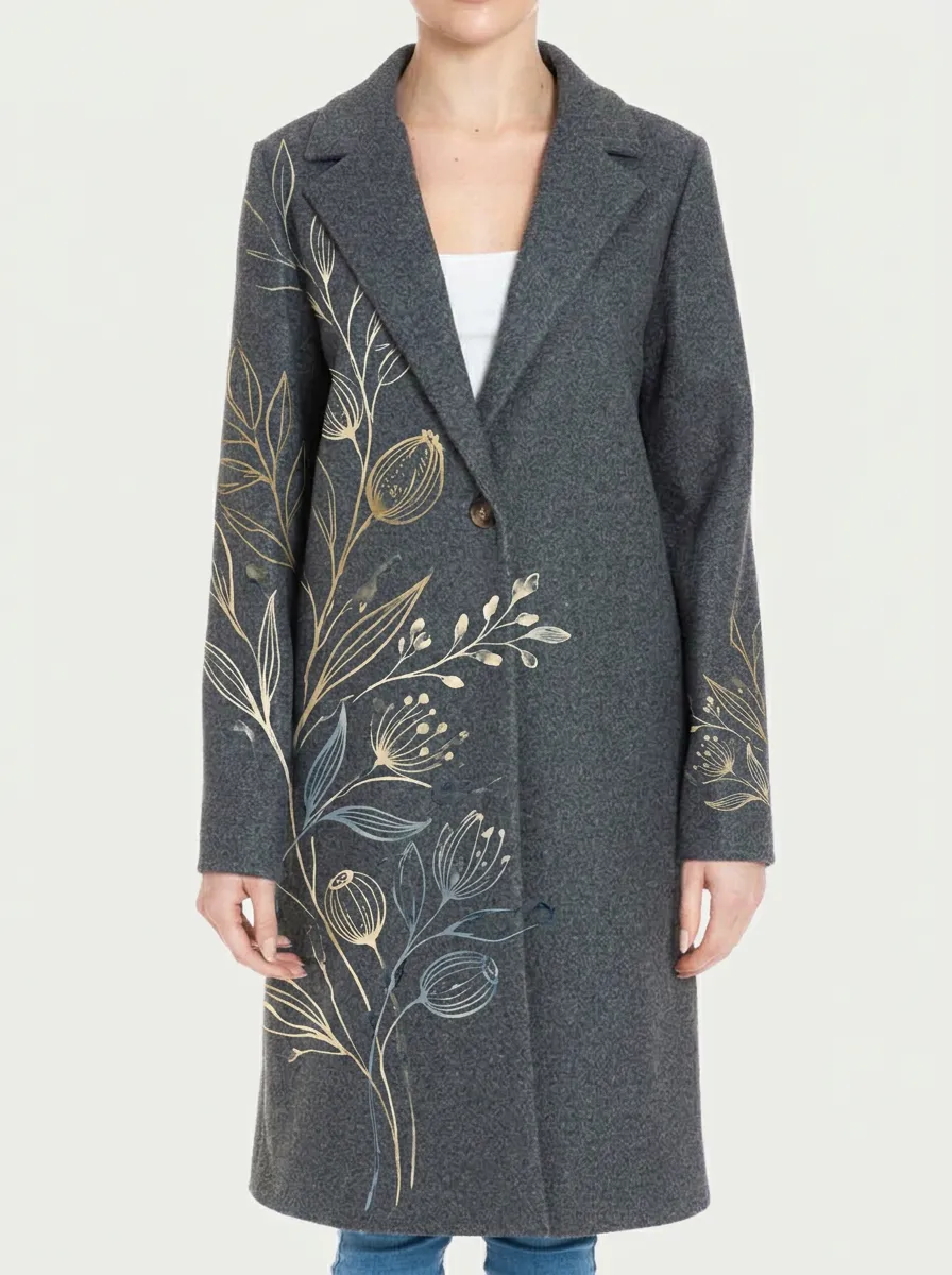Women's Botanical Art Gold Floral Printed Wool Coat