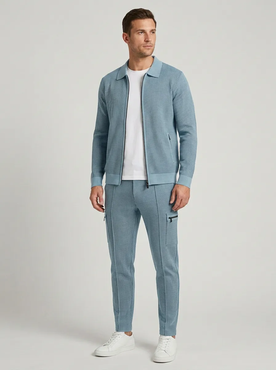Men's Functional Houndstooth Polo Collar Jacket and Jogger Pants Set