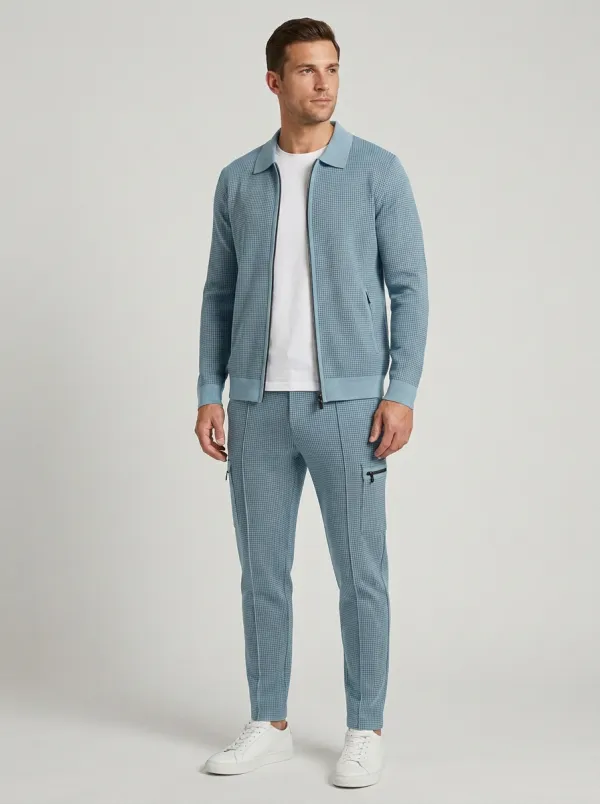 Men's Functional Houndstooth Polo Collar Jacket and Jogger Pants Set