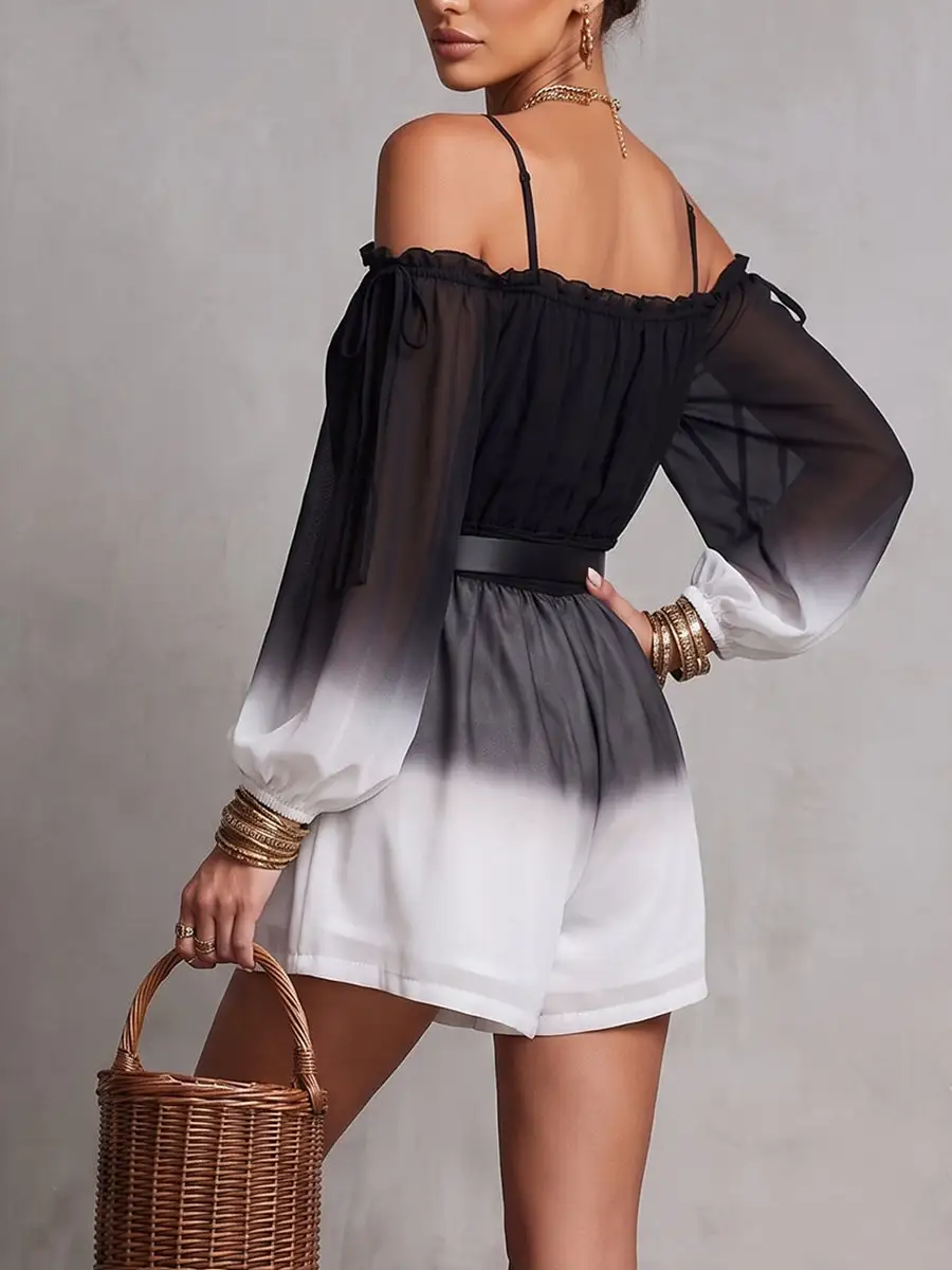 Long Sleeves Puff Backless Contrast Color Gradient No