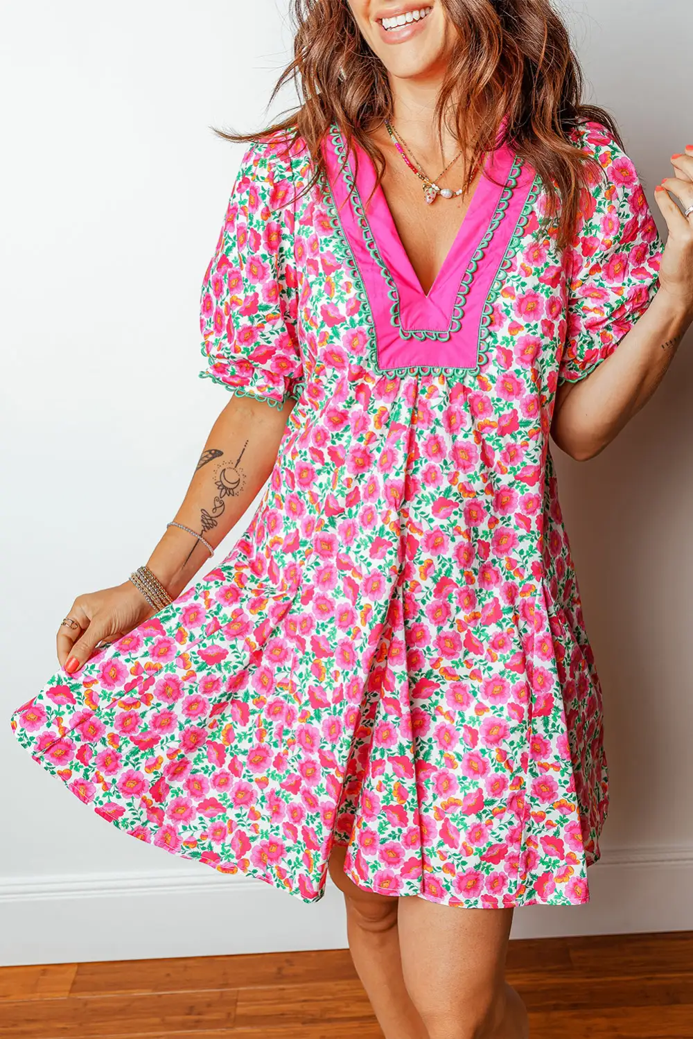 Structured Shape Floral Patchwork V Neck Mini Dress