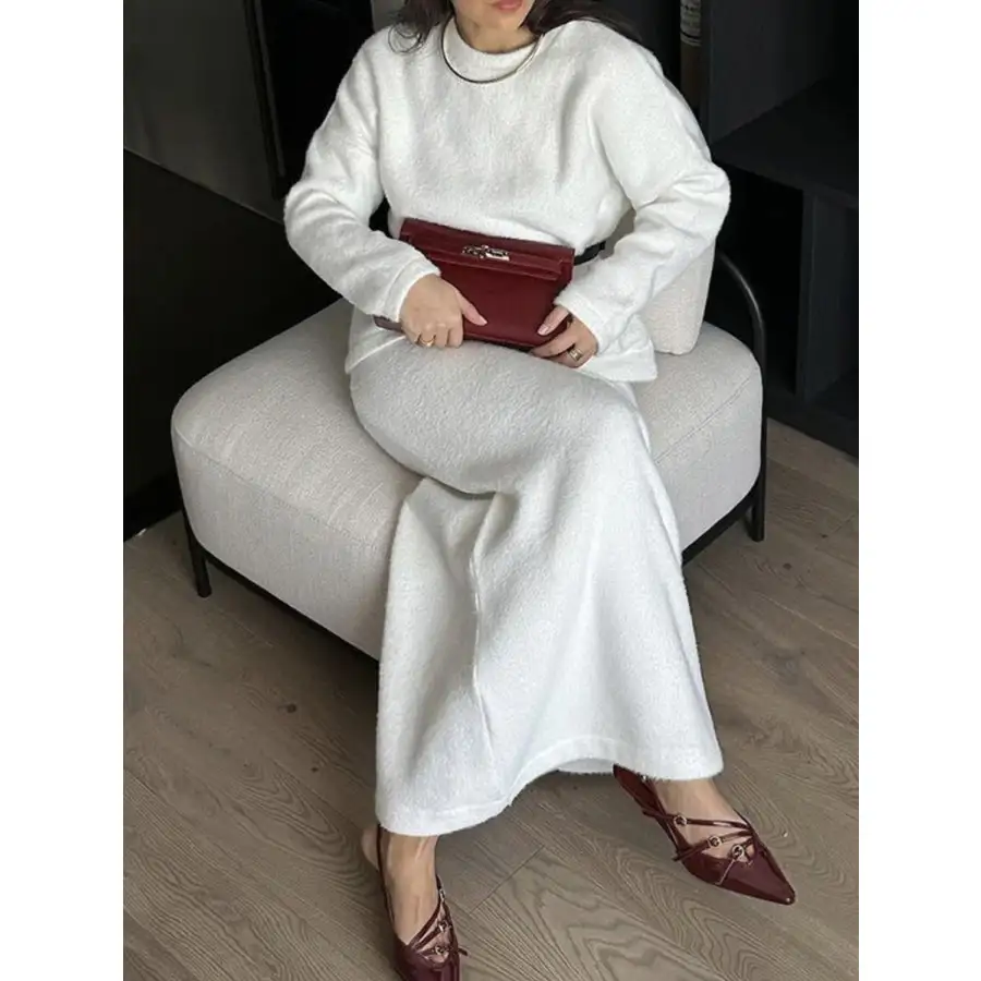 Round Neck Dropped Shoulder Top and Midi Skirt Sweater Set