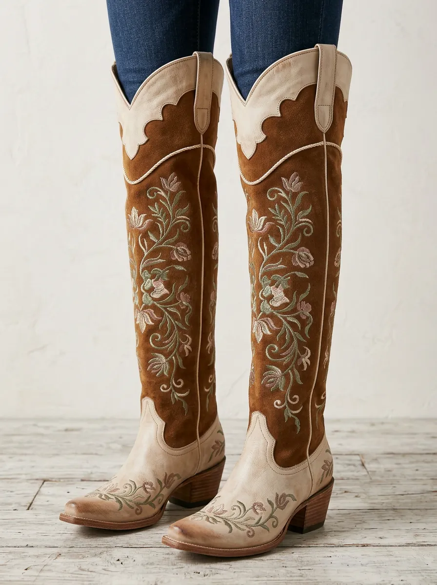 Women's Western Floral Embroidered Piped Block-Heel Stacked-Heel Embroidery Denim Over-the-Knee Boots
