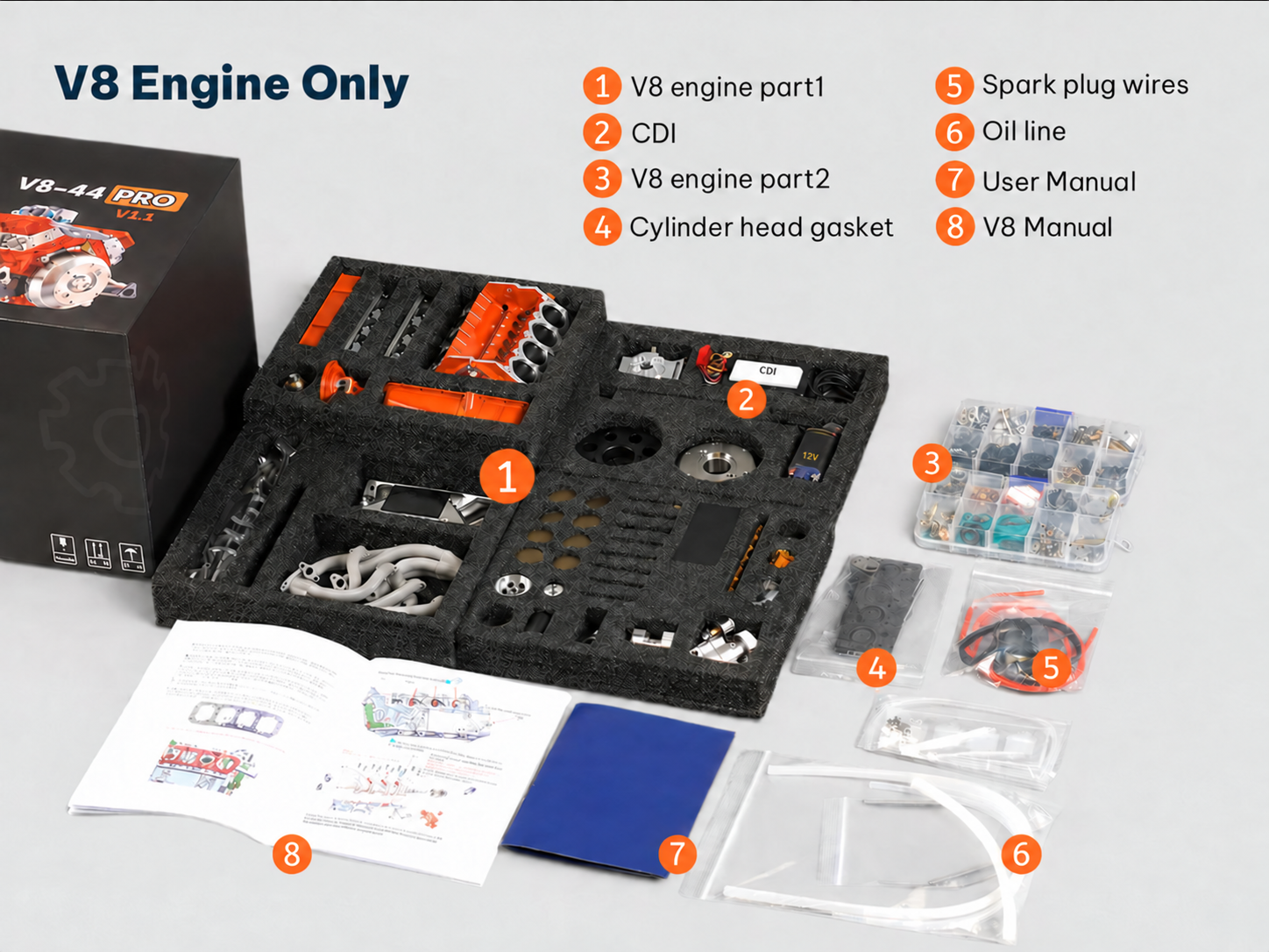 Engine-only kit inventory: foam trays, parts organizer, CDI, gaskets, ignition leads, oil line and manuals