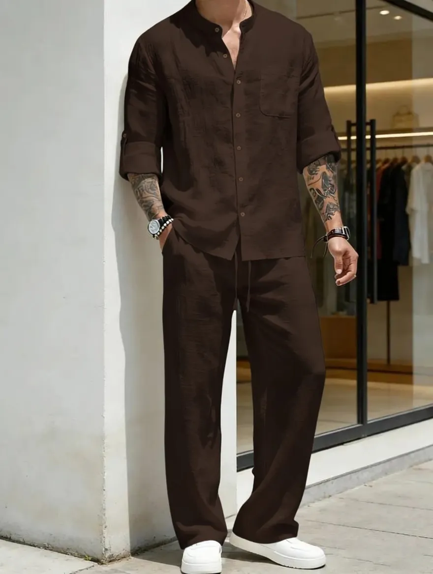 Men's Linen Stand Collar Long Sleeve Casual Suit