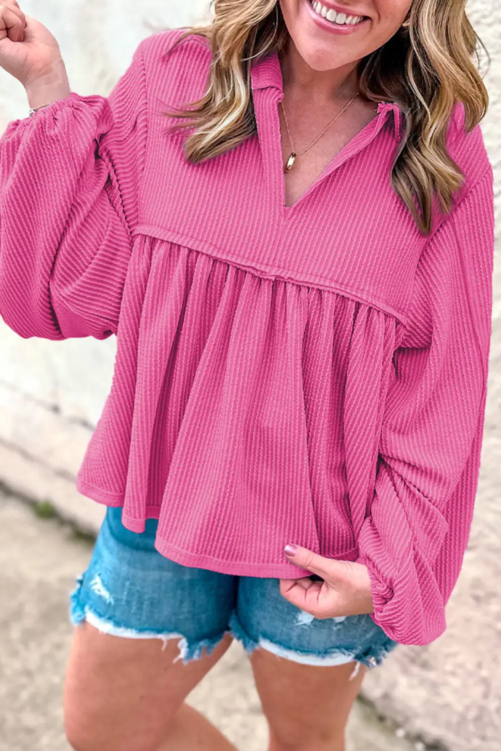 Corded Turn Down V Neck Bubble Sleeve Babydoll Blouse
