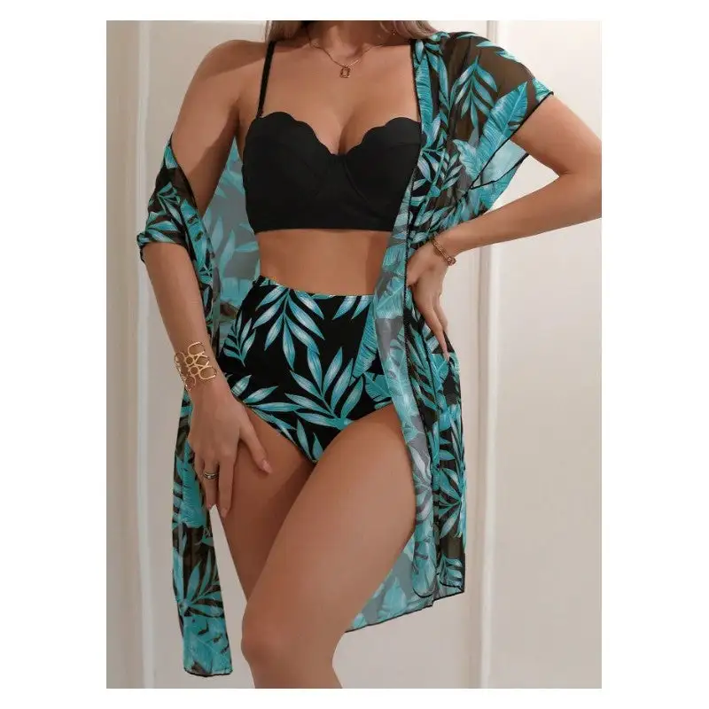 Printed Bikini Set with Mesh Cover-up
