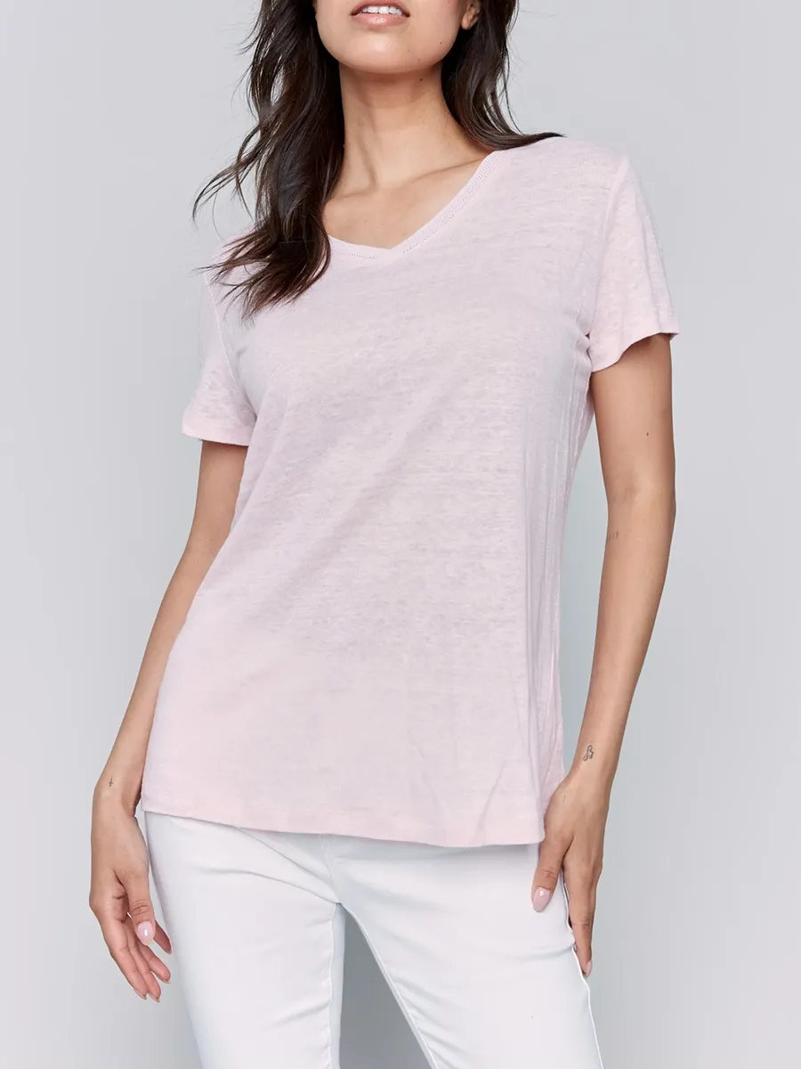 V-Neck Loose Solid Color Skin-Friendly Linen Short Sleeves